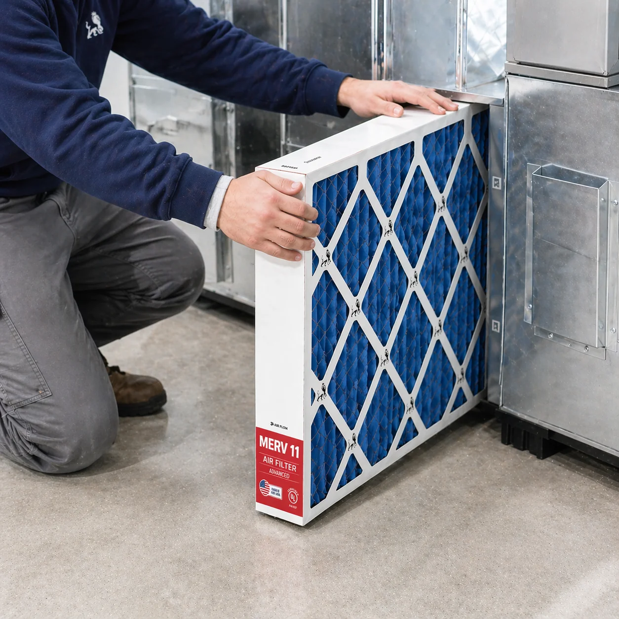 An HVAC technician replacing a customer's air filter