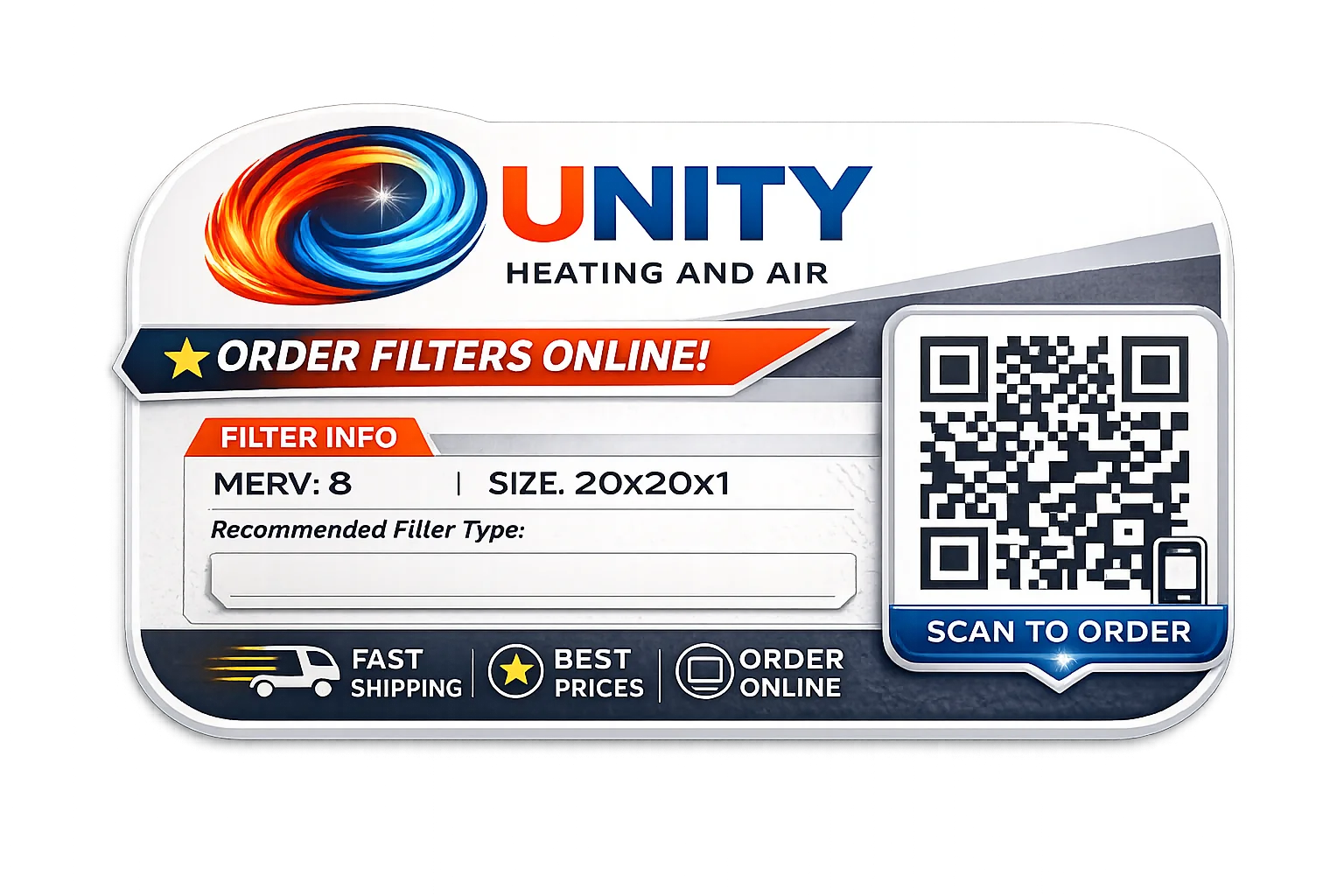 Unity Heating and Air branded QR code filter sticker