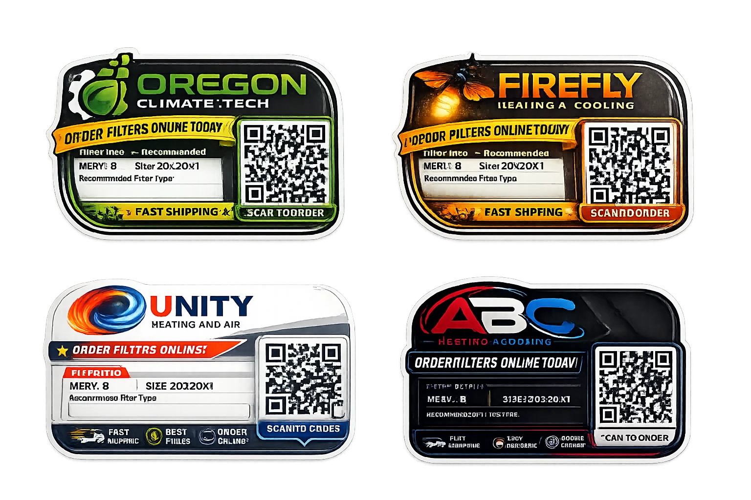 Examples of contractor-branded QR filter stickers with filter details