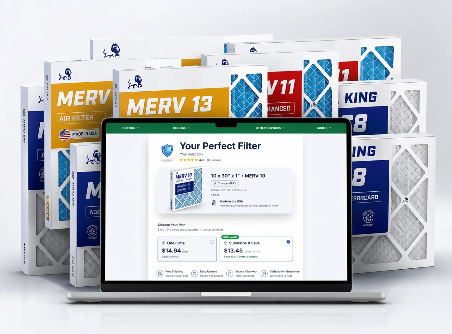 Branded air filter store shown on MacBook