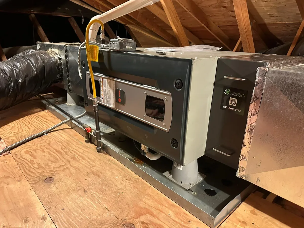 An Oregon Climate Tech furnace installation in an attic