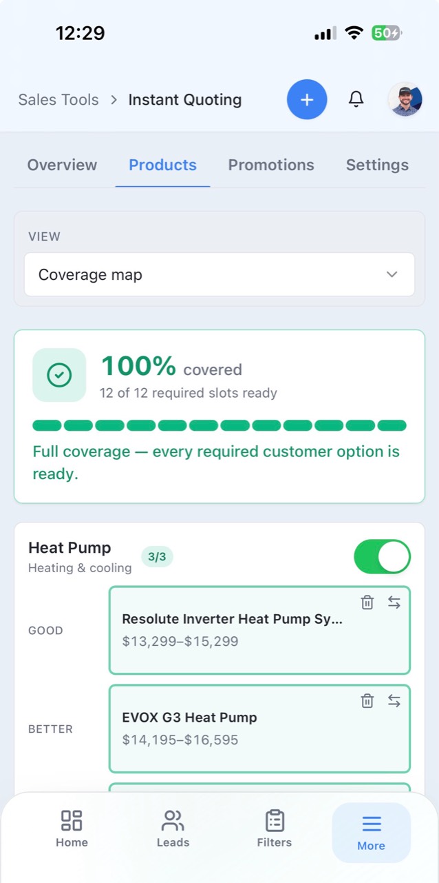 The DinoQuote app showing complete product and pricing coverage