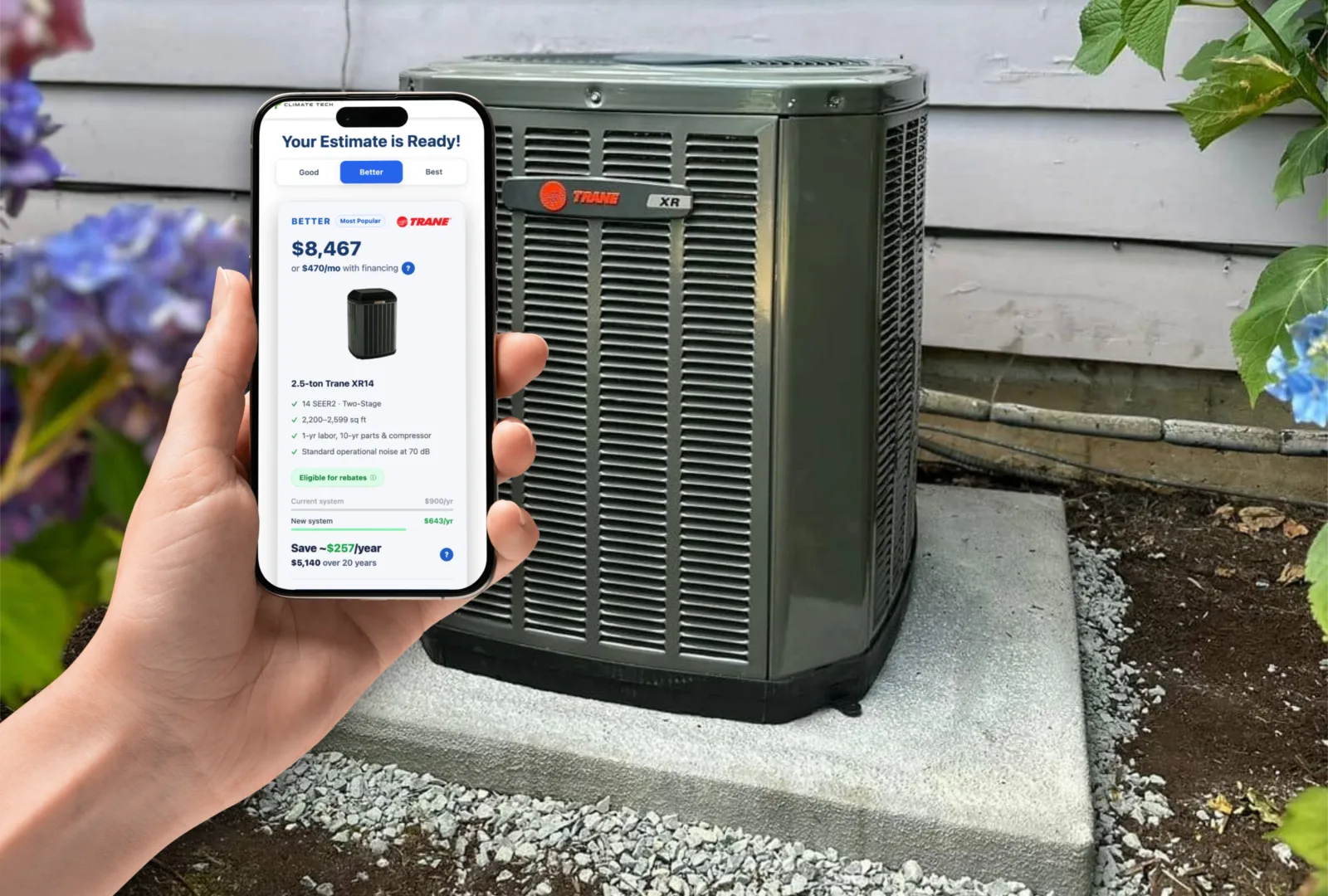 A homeowner viewing a DinoQuote estimate beside an outdoor HVAC unit