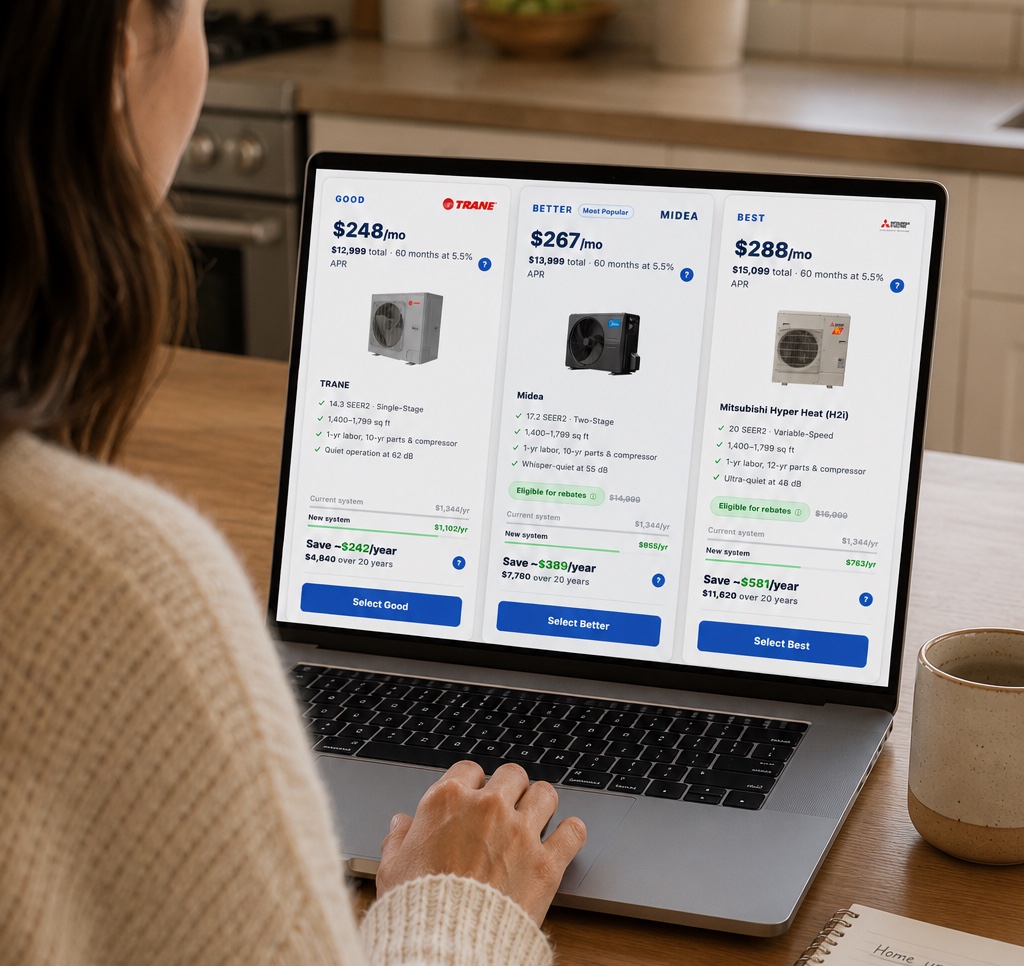 A homeowner comparing good, better, and best HVAC options through DinoQuote on a laptop
