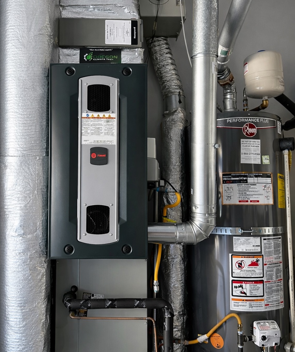 A professionally installed Trane furnace and Rheem water heater in a residential mechanical room