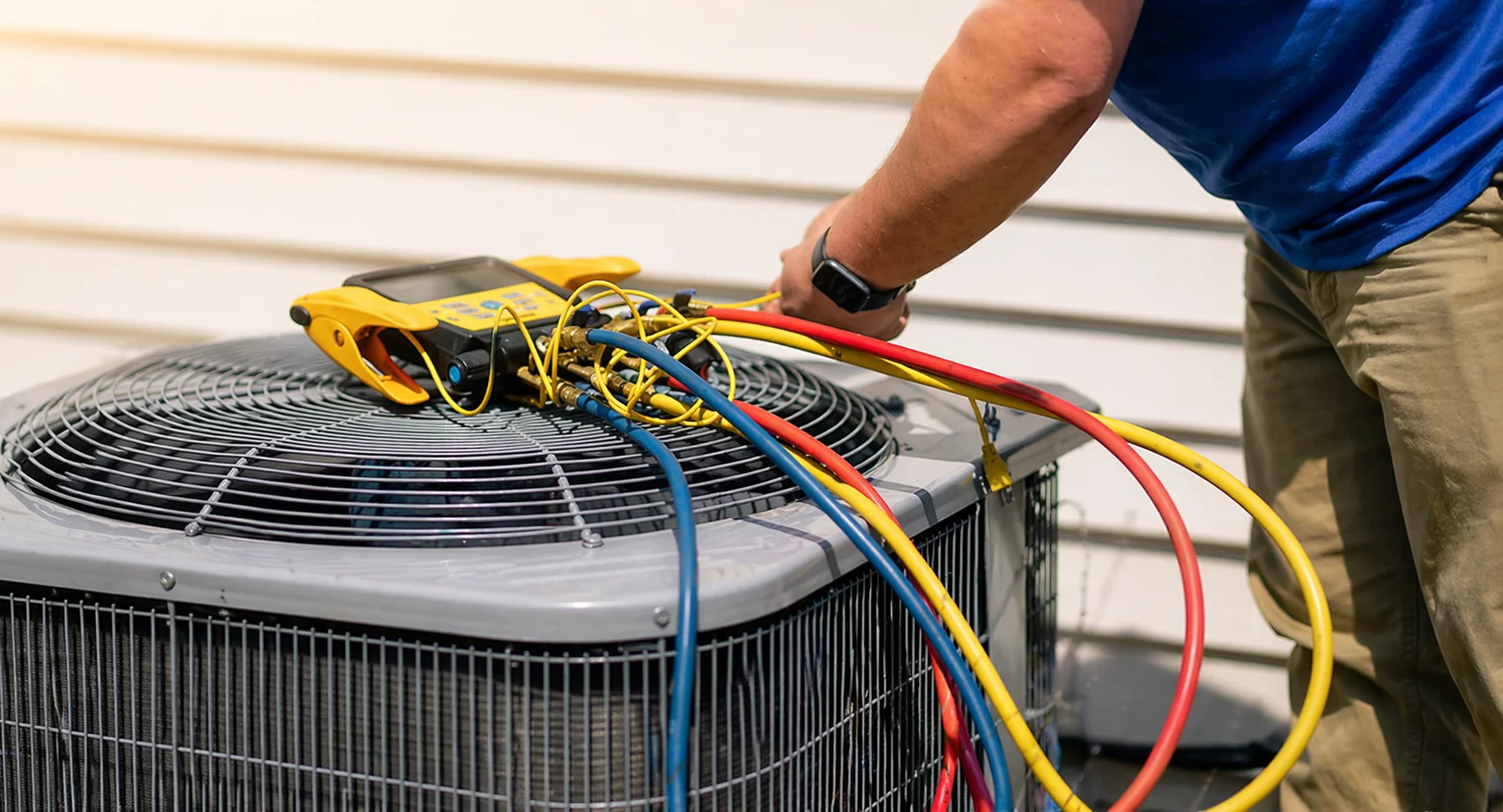 An HVAC technician servicing an outdoor unit